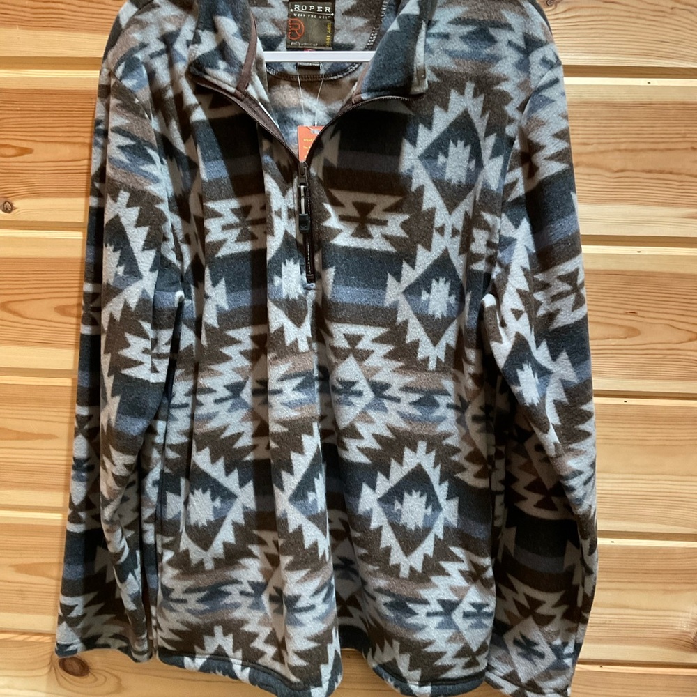 Roper Men's Zip Up Sweater - Brown and Blue Pattern